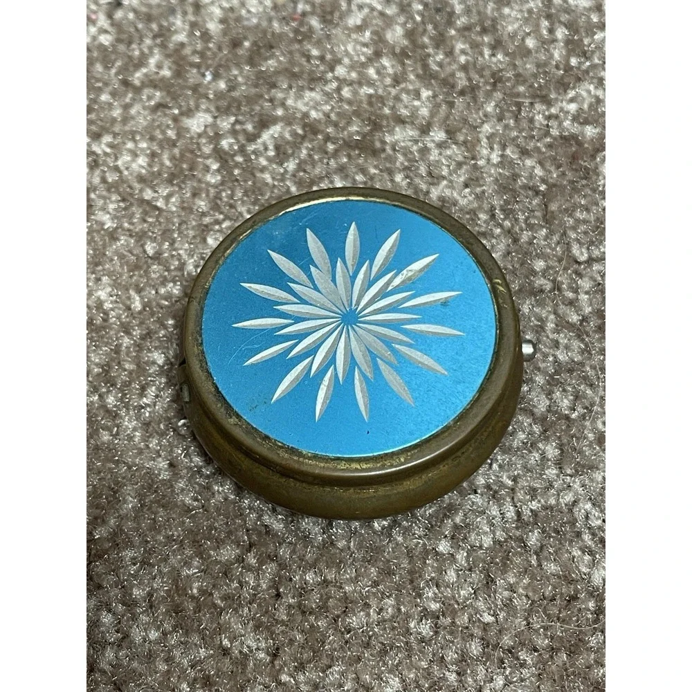 Vintage MCM Etched Starburst Design Metal Blue Pill Box Round 1960s